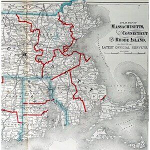 1895 Massachusetts Connecticut Rhode Island Map Victorian Geography DWYY10D